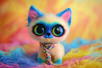  Rainbow Colored Kitten Toy Sitting on Colorful Yarn