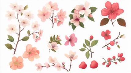 Fototapete - 16121056 37 37.Sakura, cherry, plum, apricot, peach, apple blossoms, flowers, floral design elements collection, clipart set, isolated on white. Flat style vector illustration. Spring promotion sale