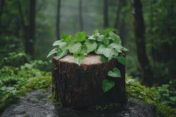 Wall Mural - A large tree stump with green ivy growing on it