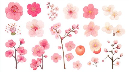 Fototapete - 16121056 37 37.Sakura, cherry, plum, apricot, peach, apple blossoms, flowers, floral design elements collection, clipart set, isolated on white. Flat style vector illustration. Spring promotion sale