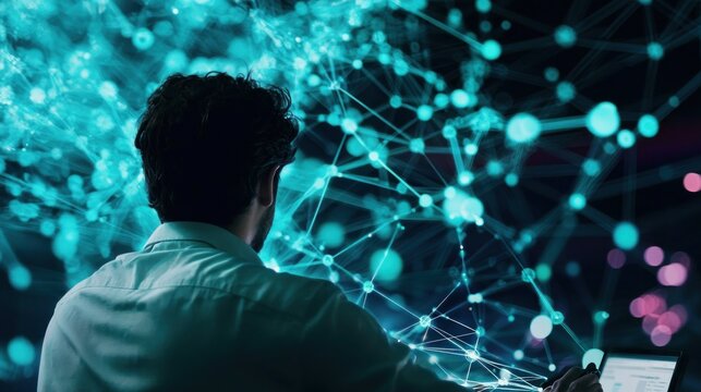 Man Analyzing Data in Dark Room with Digital Network Graphics