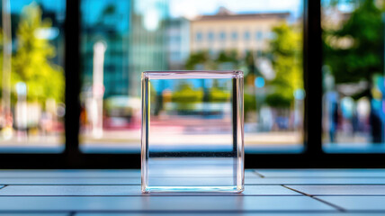 minimal digital cube reflecting light in modern urban setting. clear glass structure contrasts beautifully with blurred background