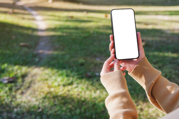 Wall Mural - Mockup image of a woman holding mobile phone with blank white desktop screen in the outdoors