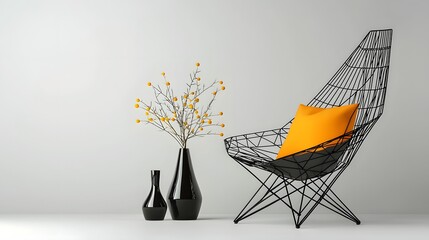 Fototapete - Minimalist and modern geometric wireframe chair design with a vibrant yellow floral arrangement in black vases on a clean white background