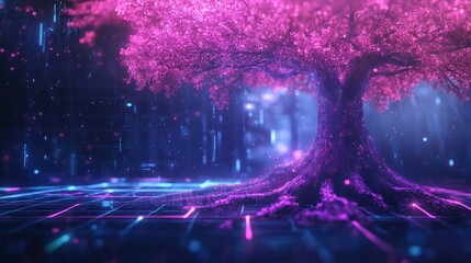Glowing pink tree, digital city background, futuristic concept art, website banner