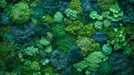 Wall Mural - overhead view of vibrant moss texture, emerald green microflora covering stone surface, natural carpet pattern, damp environment, organic growth patches, rich botanical details, scattered bare spots,