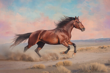 Naklejka na meble A majestic brown horse galloping across the desert, with its mane flowing in the wind and tail splashing dust under its hooves.