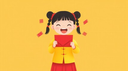 Wall Mural - Cheerful Girl Holding Red Envelope with Bright Yellow Background for Festive Celebrations