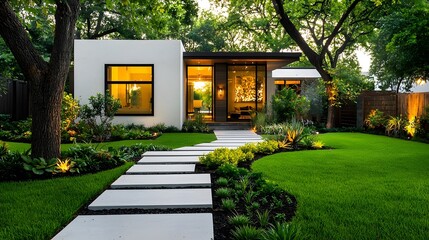 Poster - Elegant minimalist modern garden design featuring layered concrete planters a sleek stone pathway and lush greenery for a serene eco friendly outdoor living space