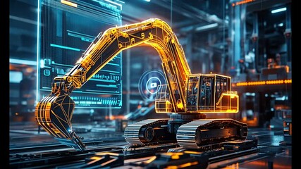 Poster - Digital Excavator Wireframe Model in Industrial Setting