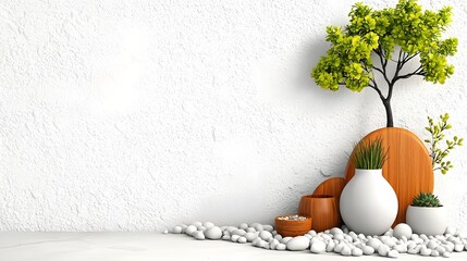 Poster - Minimalist and tranquil front yard garden design featuring small potted plants clean white gravel and natural wooden accents for a serene and stylish outdoor aesthetic