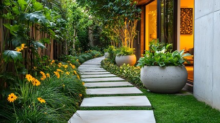 Poster - Modern minimalist garden design featuring layered concrete planters a sleek stone pathway lush foliage and a serene tranquil atmosphere