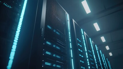 Poster - Close-up view of illuminated server racks in a modern data center for IT infrastructure visuals, tech presentations, and cybersecurity promotions