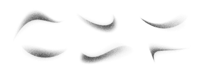 Poster - Stippled curved brush stroke set. Wavy grainy spray element collection. Black flowing sand splash pack. Dotted noise gradient shade bundle. Splattered dust particle textured waves. Vector