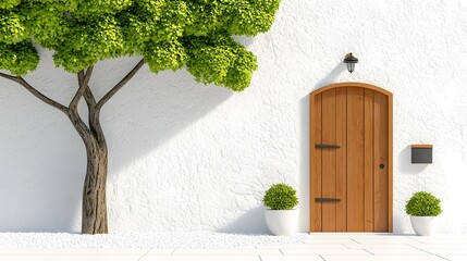 Poster - Peaceful and Stylish Minimalist Front Yard Garden with Small Potted Plants Clean White Gravel Pathway and Wooden Architectural Accents Providing a Serene and Inviting Outdoor Entrance