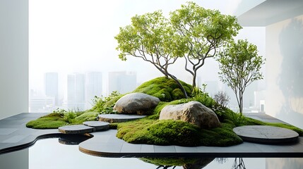Poster - Peaceful and Tranquil Minimalist Entrance Garden with Moss Covered Rocks Lush Foliage and a Serene Water Feature Offering a Calming and Rejuvenating Atmosphere