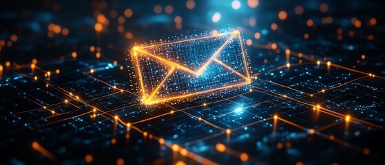 Aufkleber - holographic digital envelope icon floating above a dark networked background with glowing nodes, sym