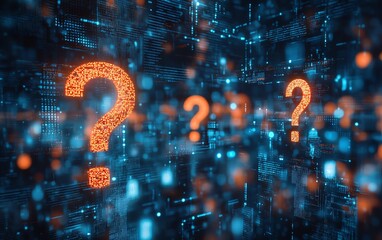 Leinwandbilder - Sleek business workspace with floating question mark holograms on a techinspired background, highlighting digital transformation, innovation, and decisionmaking concepts