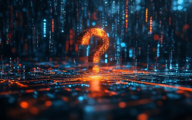 Poster - Sleek business workspace with floating question mark holograms on a techinspired background, highlighting digital transformation, innovation, and decisionmaking concepts