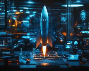 Poster - Holographic futuristic rocket on a modern office desk, surrounded by floating interactive screens, AI technology, and an advanced workspace, embodying the future of innovation