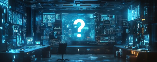 Poster - Business workspace with question mark holograms floating above a background of interconnected technology elements, representing smart solutions and futuristic decisionmaking