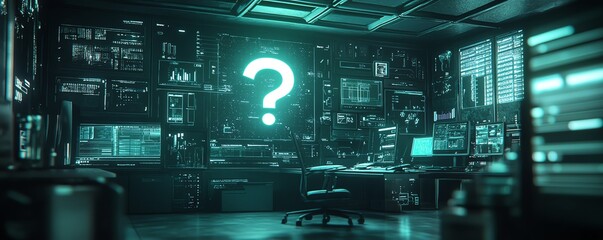 Poster - Business workspace with question mark holograms floating above a background of interconnected technology elements, representing smart solutions and futuristic decisionmaking