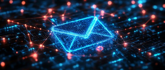 Aufkleber - Futuristic digital envelope icon with a holographic glow, placed over a dark networked background with glowing nodes, 3D rendering representing secure digital messaging