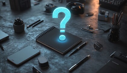 Aufkleber - Futuristic office desk with holographic question marks above a notebook, smartphone, and pen, symbolizing innovative thinking, brainstorming, and decisionmaking, 3D render