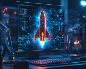 Poster - Futuristic rocket hologram displayed above a modern office desk with integrated digital technology