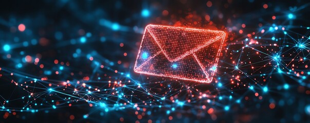 Aufkleber - Glowing digital envelope icon with holographic effect on a dark networked backdrop, symbolizing secure data transfer and messaging in a 3D futuristic style with vibrant colors