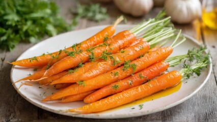 Bright orange cooked carrots on a white plate with herbs and spices, garlic cloves, and parsley. Fresh and appetizing setting.