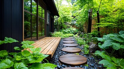 Poster - Tranquil Japanese inspired Garden with Wooden Deck Pebble Path and Lush Green Plants  Peaceful natural outdoor landscape with serene minimalist design elements