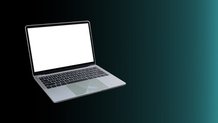 Poster - Silver laptop with blank white screen, Concepts for advertising and graphic assembly work, Perspective angle laptop computer with white blank empty display screen for copy space in the workplace.