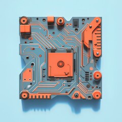 Poster - Colorful Circuit Board with Orange Details and Blue Background