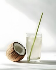 Refreshing coconut water served in a glass with a straw, accompanied by a halved coconut, minimalistic background