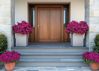 Wall Mural - Wooden front door of a modern house with gray stone steps and flower pots on the sides