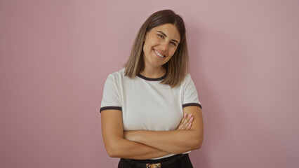 Wall Mural - Young woman with brunette hair smiling attractively while standing with folded arms against a pink background