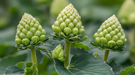 Poster - Three green, conical flower buds emerge from lush green leaves, showcasing a unique floral structure in a vibrant garden setting