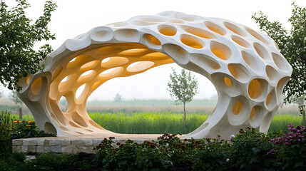 Poster - A modern, organic sculpture with a honeycomb structure, surrounded by greenery, blending art and nature in a serene outdoor setting