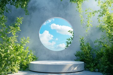 Wall Mural - Circular window, serene studio, plant backdrop, product display