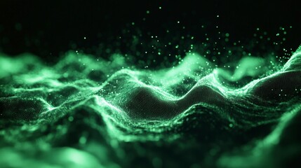 Poster - Abstract Green Waves of Light with Sparkling Particles in Motion