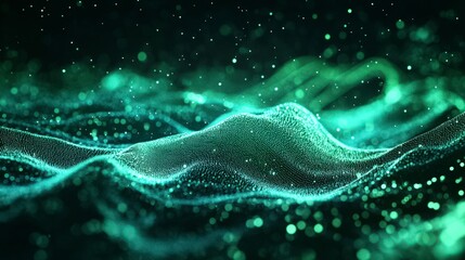Poster - Abstract Waves of Light Particles in Green and Black Background