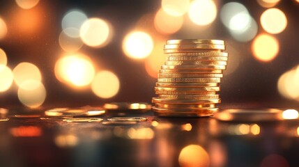 Poster - 3D casino background with golden coins and poker chips on a table.