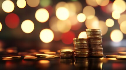 Poster - 3D casino background with golden coins and poker chips on a table.