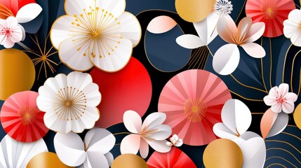 Poster - Colorful Floral Composition with Geometric Elements on Dark Background