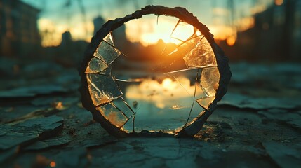 Poster - Fractured a broken mirror reflecting a cityscape in shattered glass and fragmented reflections of urban life