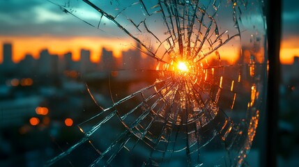 Poster - Fractured a broken mirror reflecting a cityscape in a shattered glass window with urban skyline and vibrant lights