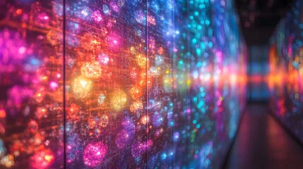 Poster - Fractals in geometry displayed on a wall with bright colorful lights illuminating abstract patterns and designs