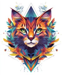 Poster - Colorful geometric cat illustration surrounded by abstract leaves