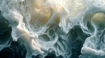 Poster - Flow visualization ink swirls in water overhead so vibrant abstract painting with white and yellow cloud formations